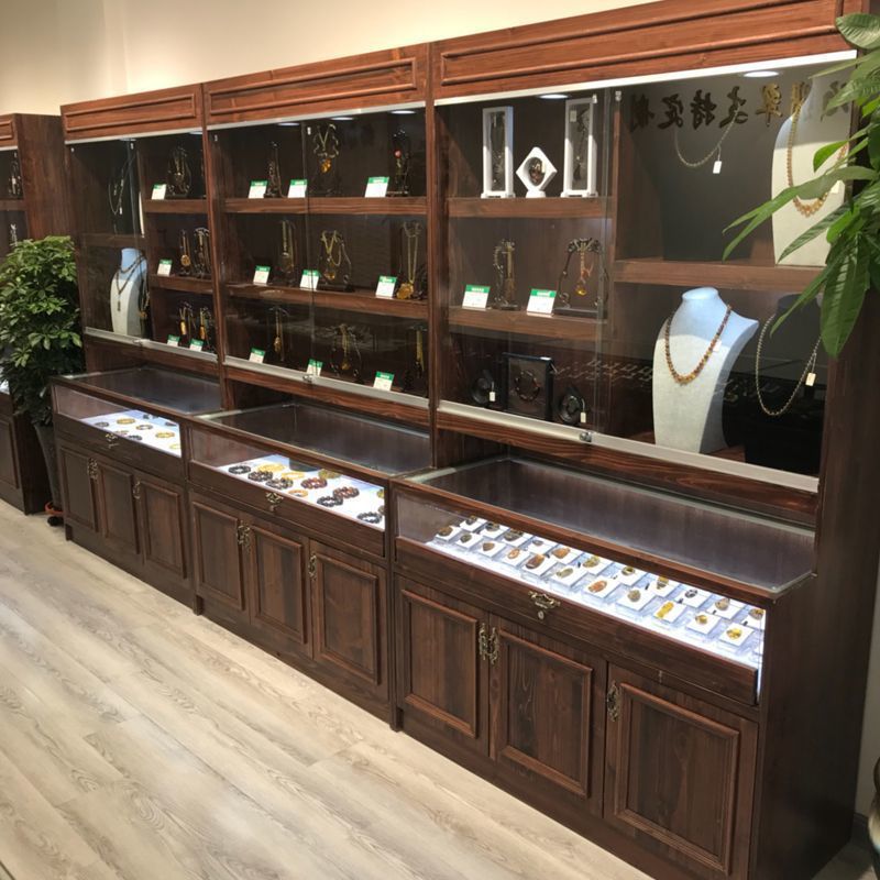 复古实木珠宝展示柜古玩玉器透明陈列柜首饰蜜蜡饰品玻璃中岛柜子