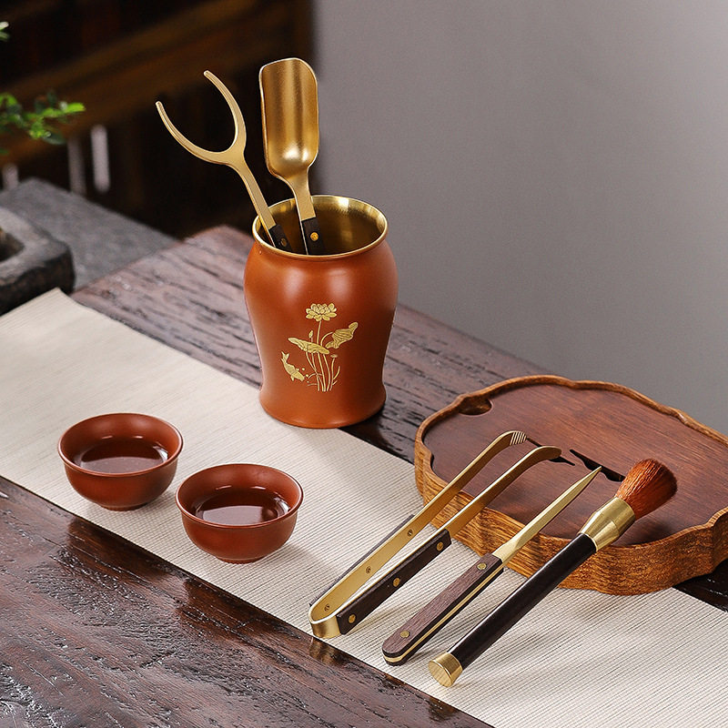 铜木茶道六君子茶具配件用品大全茶台泡茶工具套装铜茶刀茶夹茶勺
