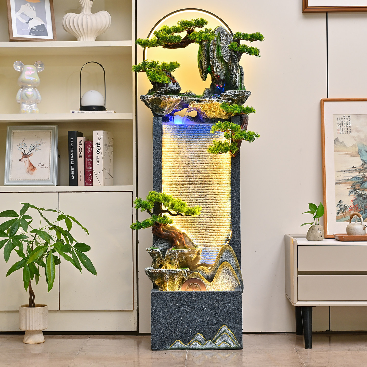 假山流水生财摆件循环水景客厅水幕墙办公室落地公司店铺开业招财