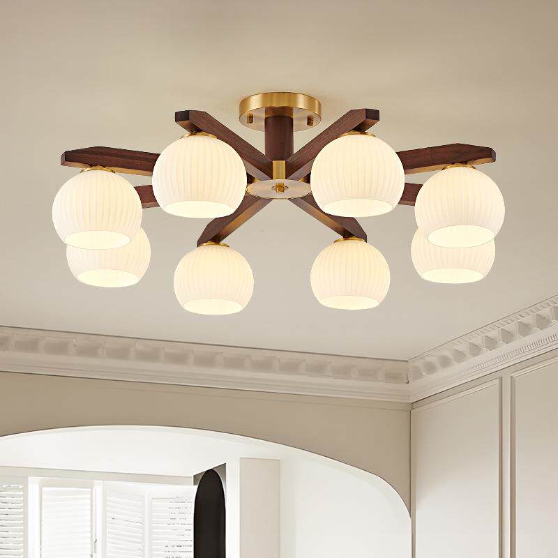 中古风客厅灯主灯复古新中式全铜黑胡桃实木大气卧室餐厅吸顶灯具