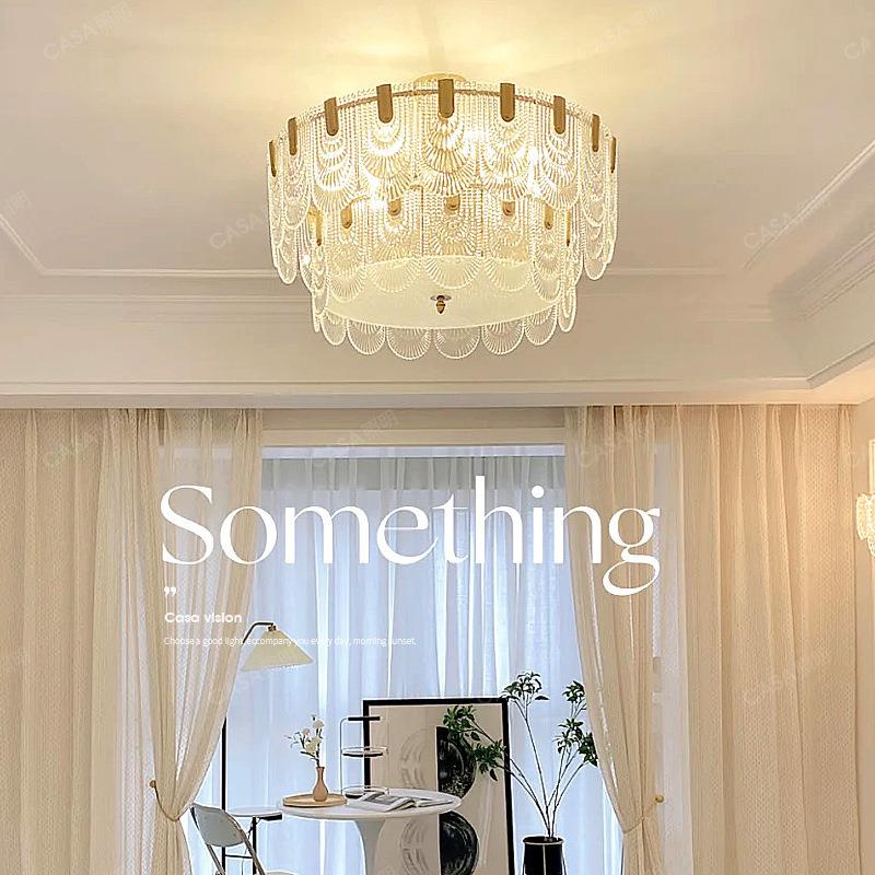 法式轻奢奶油风客厅水晶吊灯 玻璃吊灯全铜复古LED卧室灯饰中山灯