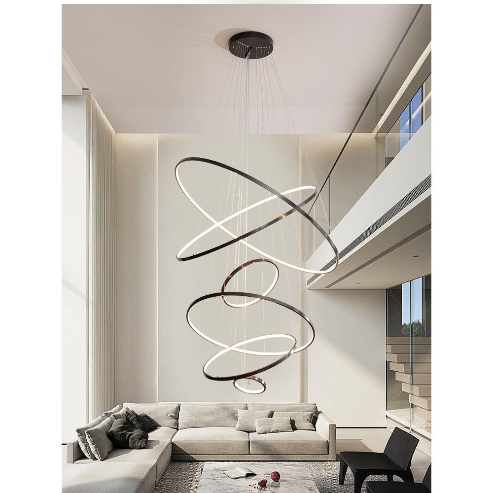 全铜复式楼别墅客厅大吊灯现代轻奢圆环主灯loft楼梯挑空长吊灯具