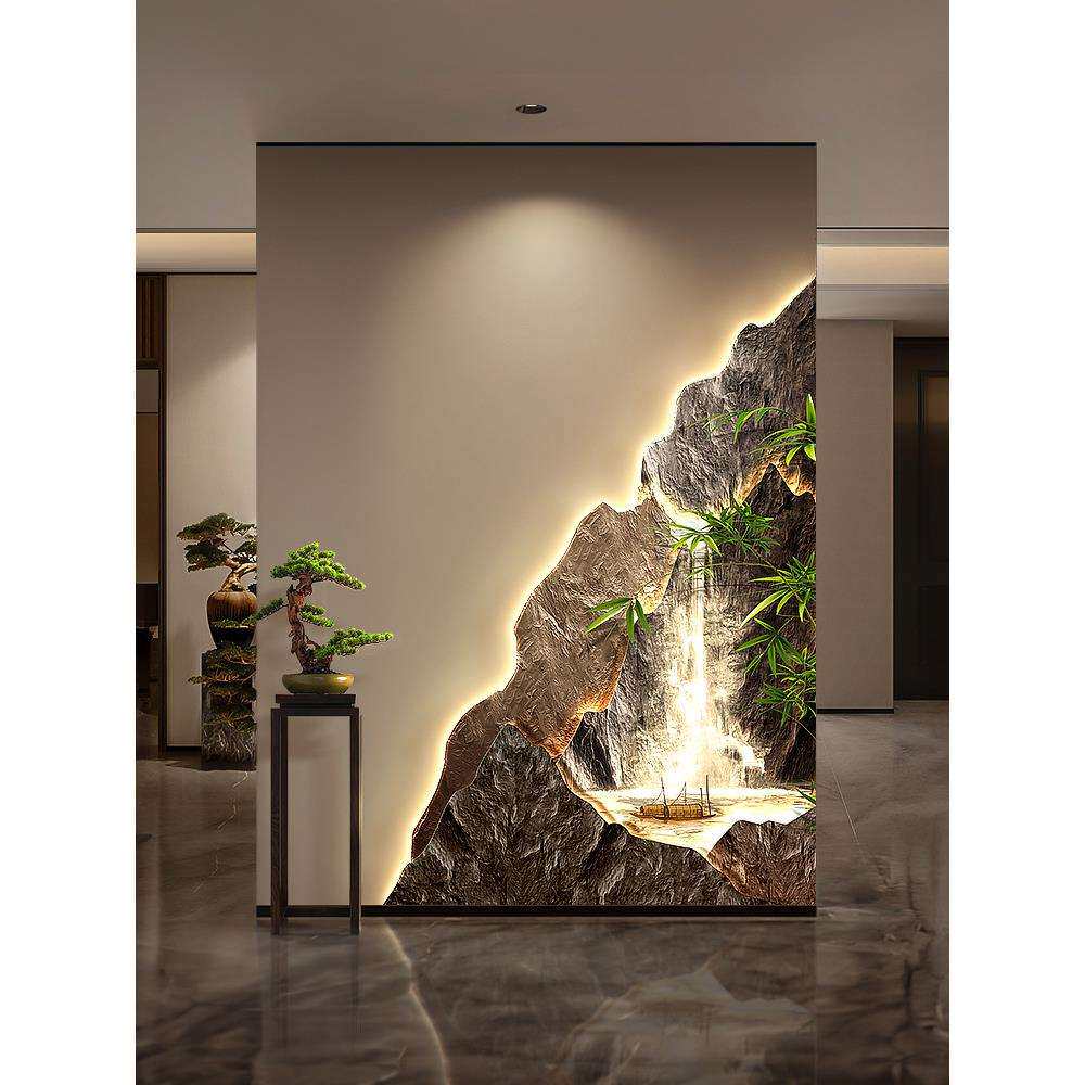 流水生财玄关转角装饰画聚宝盆走廊拐角墙面挂画竹子入户带灯壁画