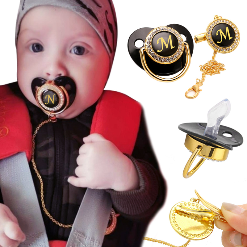 Name Initials Baby Pacifier and Clip Luxury Black Bling Alph