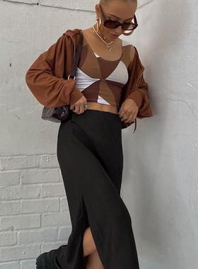 Rapcopter Satin Split Skirts y2k Vintage Long Skirts Women H