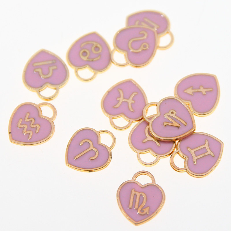 12pcs 12*14mm Animal 12 Constellations Zodiac Charms Pink En