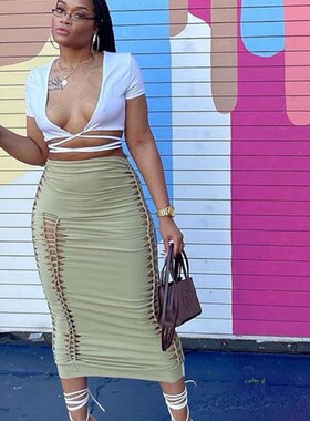 Nibber Summer Solid Color Skirt Hollow Fold Design Elastic W