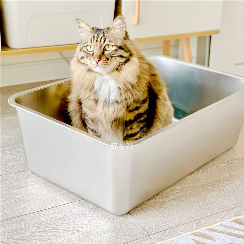 喵物社 高强度不锈钢猫砂盆 开放式圆角超大号猫厕所防漏沙易清洁