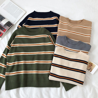 Vintage Stripe Sweaters Women Loose Oversize Korean Style Pu
