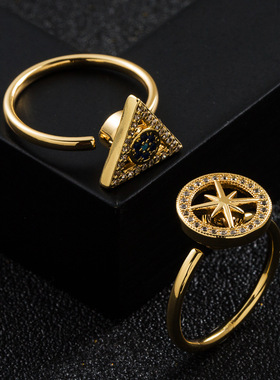 欧美时尚潮流热卖铜镀真金微镶锆石可旋转几何形开口戒指戒指配饰