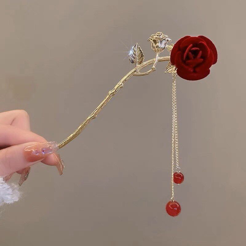 发簪简约现代丸子头盘发国风旗袍红色玫瑰花头饰秀禾服新娘发饰女