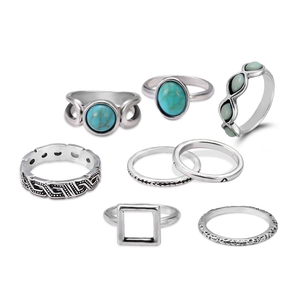 -New Retro Turquoise Eight-piece Combination Ring Set Fashio
