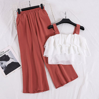 好货Summer Women 2pcs Set Elegant White Cascading Ruffle Ves