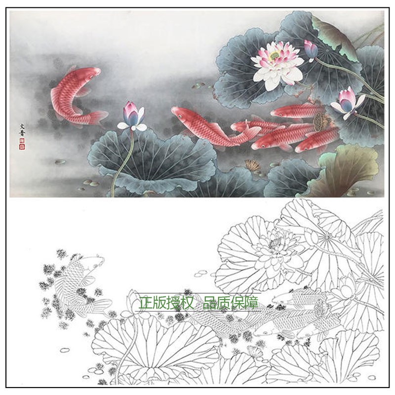 工笔画白描底稿於文普荷花鲤鱼实物白纸勾线打印稿尺寸可选-WP16