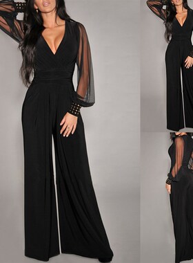 2021v neck mesh stitching rivet straight leg overalls