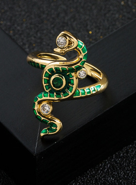 欧美时尚热卖爆款铜镀金微镶锆石蛇形缠绕戒指高级感开口戒指配饰