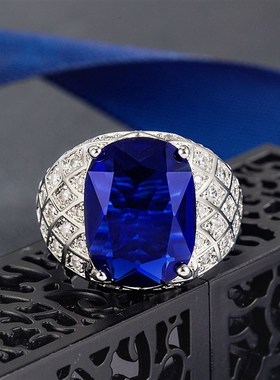 潮男开口肥长方蓝宝石戒指 满钻羣镶锆石深蓝坦桑石戒指