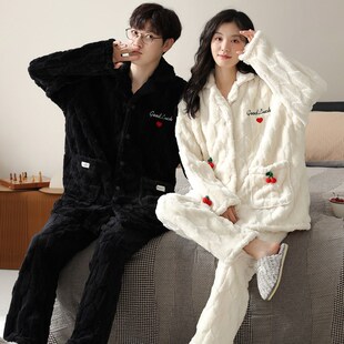 晚眠珊瑚绒情侣睡衣秋冬季 家居服 女款 加绒加厚保暖黑色法兰绒男士