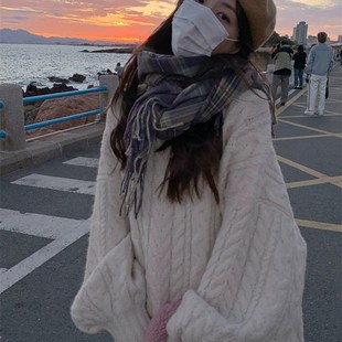 秋冬宽松外穿慵懒风加厚软糯中长针织上衣 复古麻花毛衣女2023新款