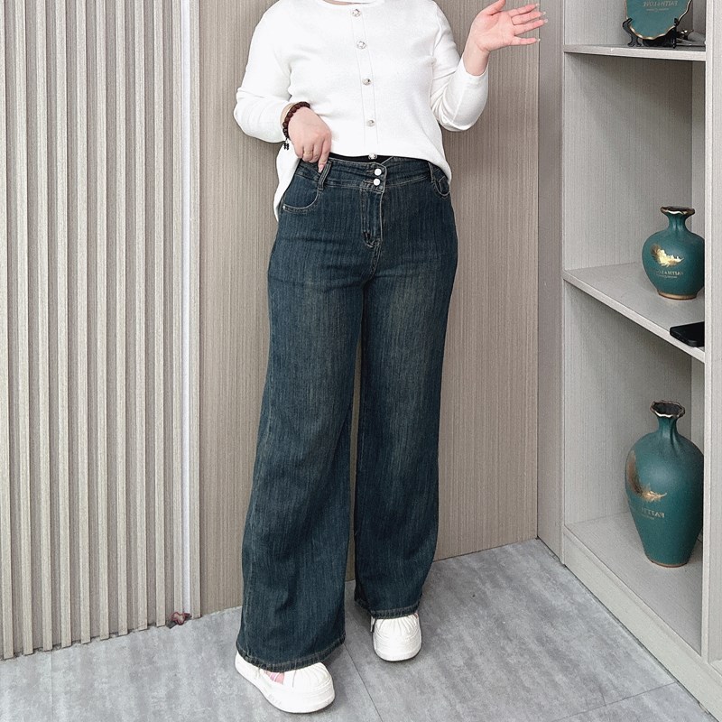 秋季新款微喇叭高腰牛仔裤女胖mm大码宽松显瘦时尚阔腿休闲长裤子