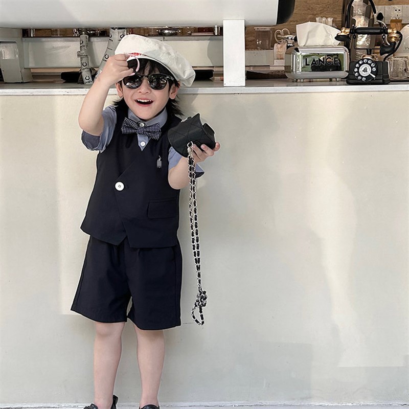 男童蓝色小马甲儿童礼服套装2024夏季新款韩版西装表演服六一生日