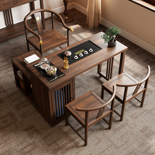 可移动旋转乌金木茶桌椅组合折叠茶桌小户型家用客厅阳台茶台茶几