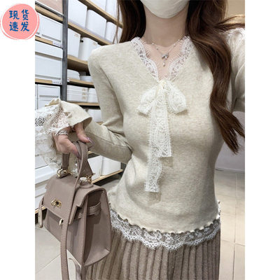 法式v领蕾丝修身打底衫女
