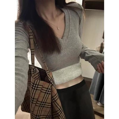 德绒V领打底衫女秋冬内搭