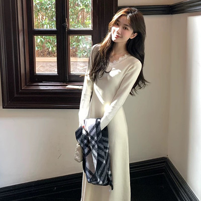 白色蕾丝针织连衣裙子女
