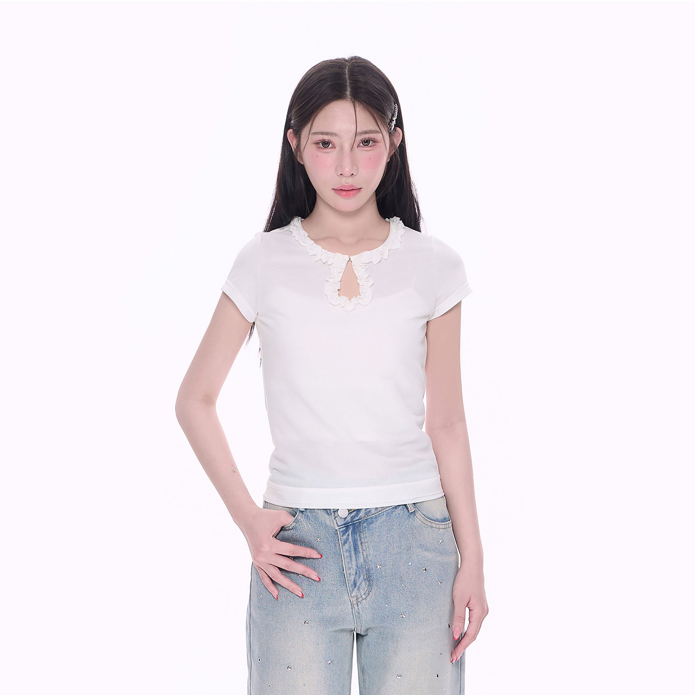 NCXK-立体花边水滴钩扣领口修身短袖T恤短款正肩少女感DX25063