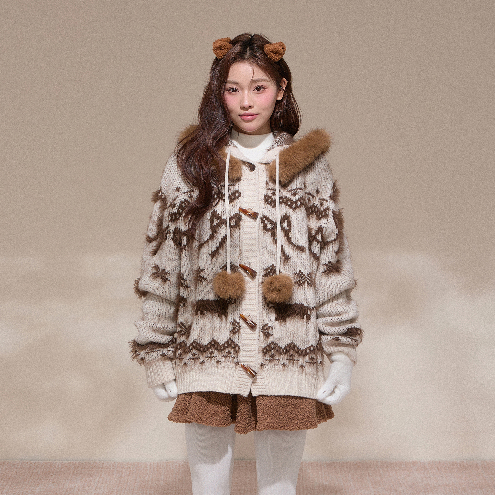 NCXK重磅冬季蝴蝶结提花大毛领毛衣外套开衫保暖900克重MY25157