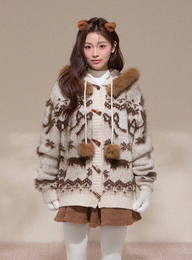 NCXK重磅冬季蝴蝶结提花大毛领毛衣外套开衫保暖900克重MY25157