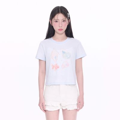 NCXK-手绘彩色贝壳钉珠短袖T恤短款微宽显瘦百搭上衣DX25077