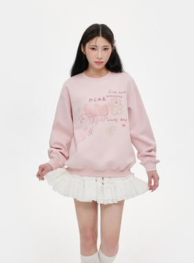 NCXK花花小熊印花圆领卫衣甜美少女感百搭休闲宽松秋冬WY253