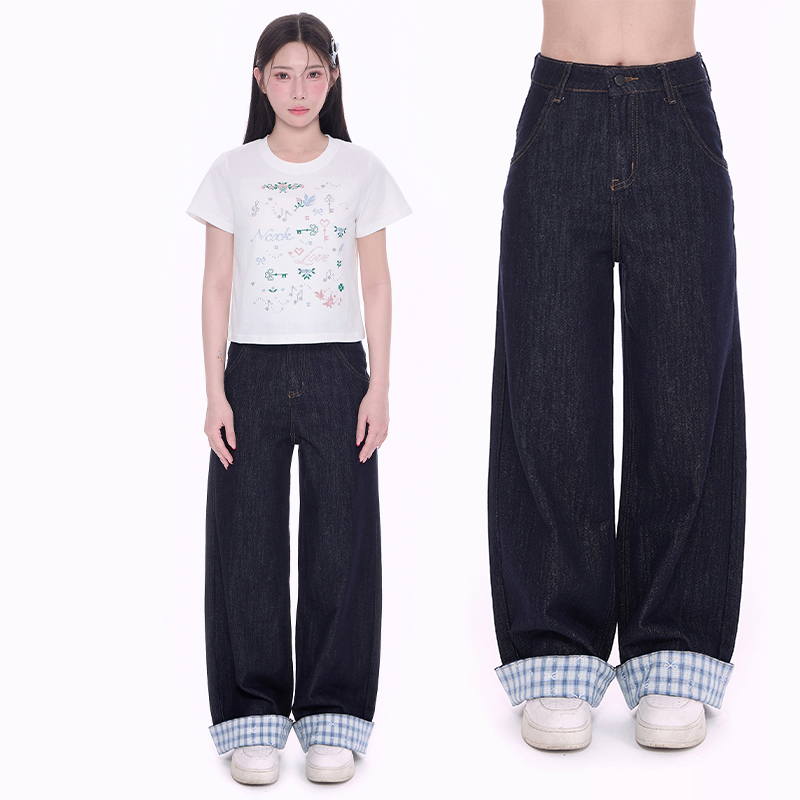 NCXK-小熊蝴蝶结格子印花拼接牛仔裤直筒裤高腰复古宽松KZ25050