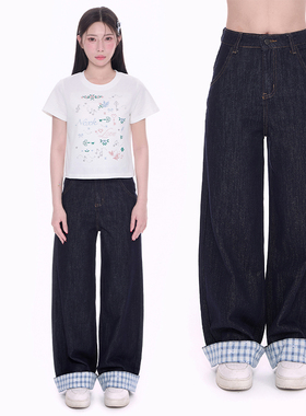 NCXK-小熊蝴蝶结格子印花拼接牛仔裤直筒裤高腰复古宽松KZ25050