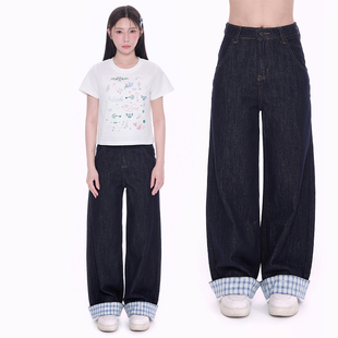 NCXK-小熊蝴蝶结格子印花拼接牛仔裤直筒裤高腰复古宽松KZ25050