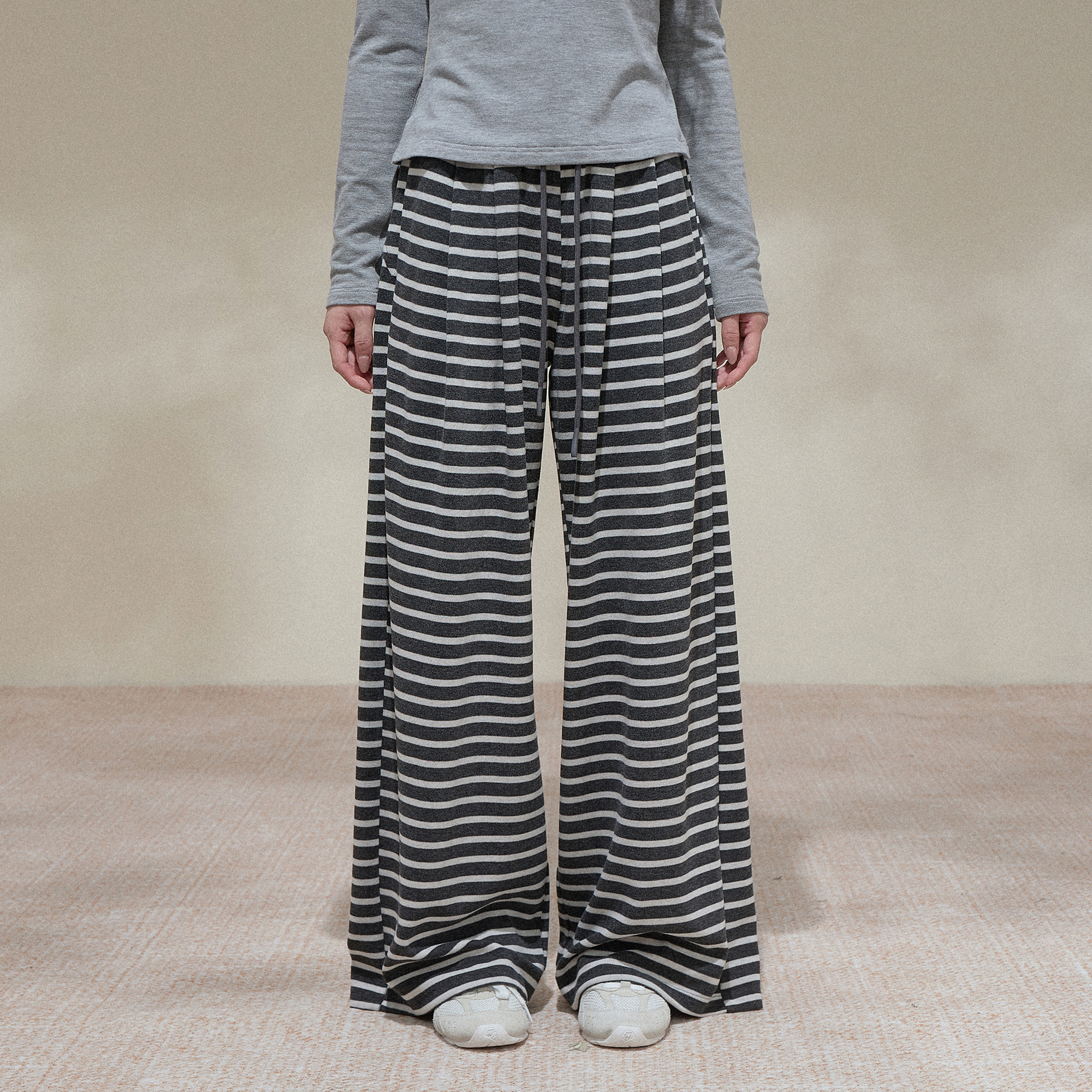 NCXK-复古条纹阔腿裤宽松慵懒垂感抽绳休闲百搭直筒拖地裤KZ25141