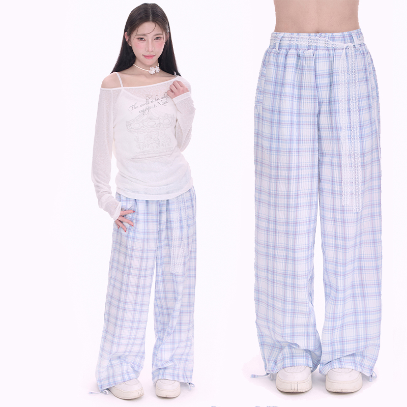 NCXK-奶芙格子宽松休闲裤直筒甜美薄款夏季垂感搭配蕾丝KZ25046