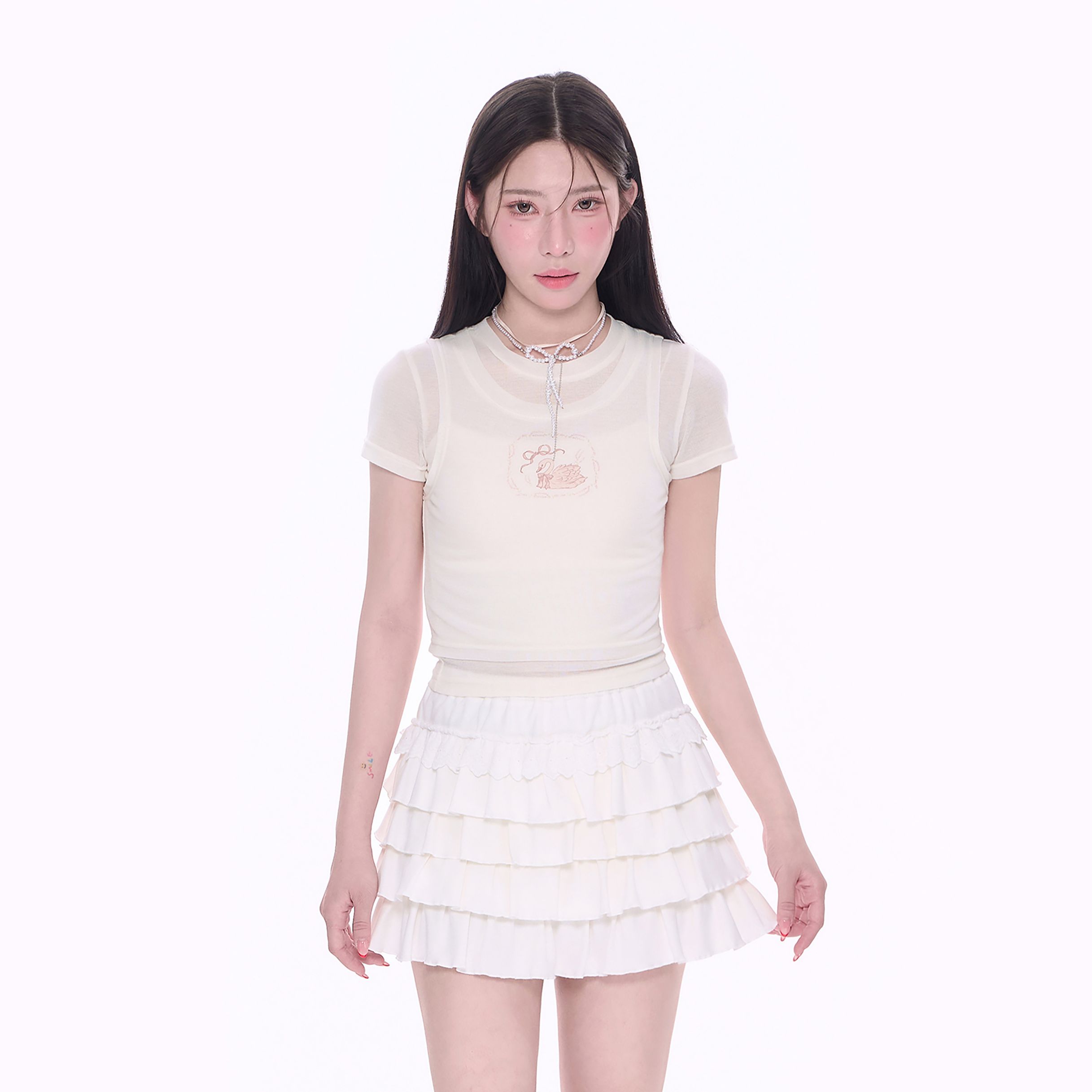 NCKX-天鹅印花修身背心短袖两件套叠穿微透夏季短款上衣DX25070