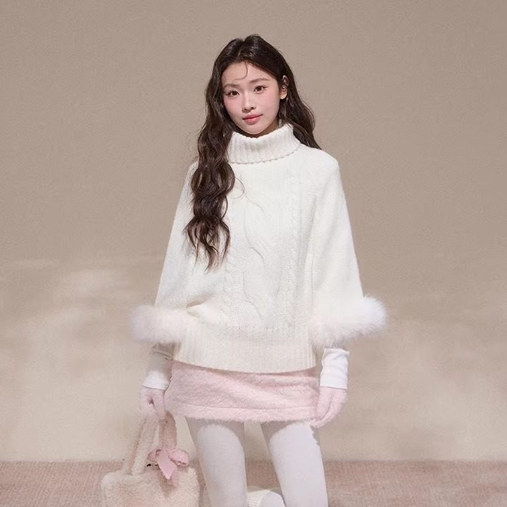 NCXK绞花纹高领斗篷毛衣可拆卸毛毛七分袖气质针织衫MY25182