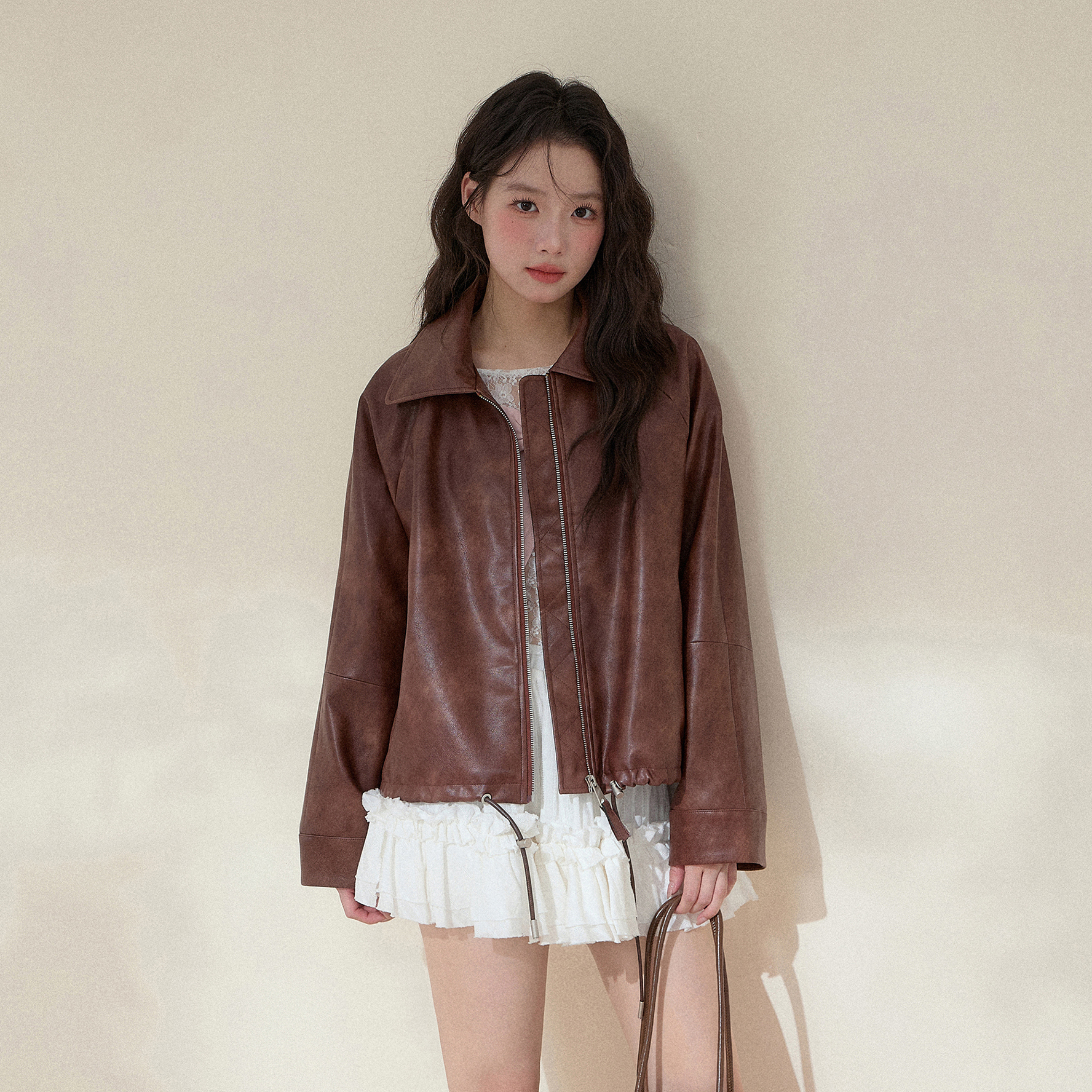 NCXK-宽松休闲复古皮衣外套女抽绳设计感拉链秋季百搭显瘦WT25138