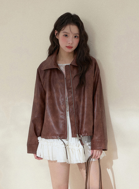 NCXK-宽松休闲复古皮衣外套女抽绳设计感拉链秋季百搭显瘦WT25138