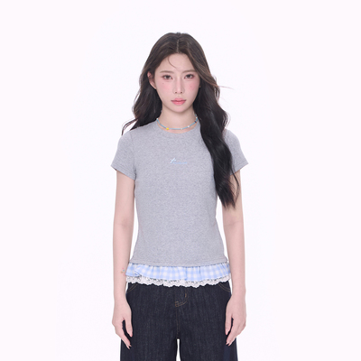 NCXK-拼接格纹蕾丝短袖T恤假两件裙摆韩系甜美修身DX25098