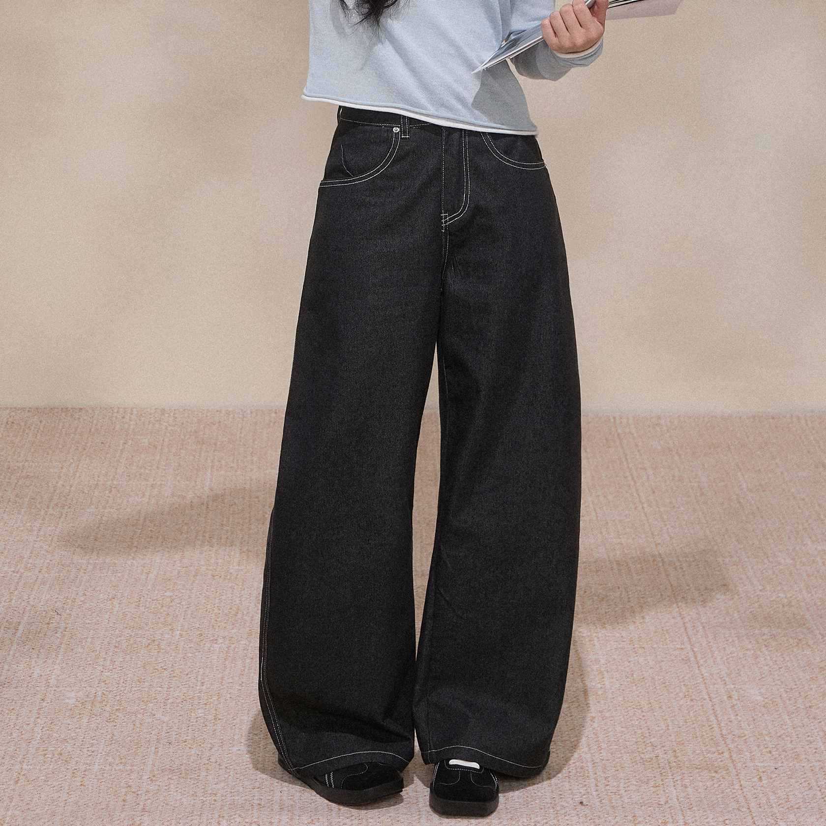 NCXK-重工烫钻微弯廓形牛仔裤百搭时尚阔腿拖地裤百搭KZ25134