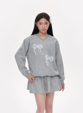 NCXK-甜美V领蕾丝贴布绣花蝴蝶结卫衣宽松显瘦百搭WY268