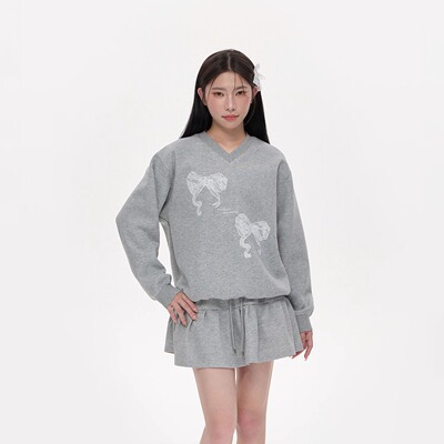 NCXK-甜美V领蕾丝贴布绣花蝴蝶结卫衣宽松显瘦百搭WY268