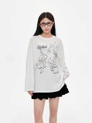 NCXK可爱涂鸦小狗印花薄长袖T恤宽松防晒空调罩衫慵懒百搭CX185