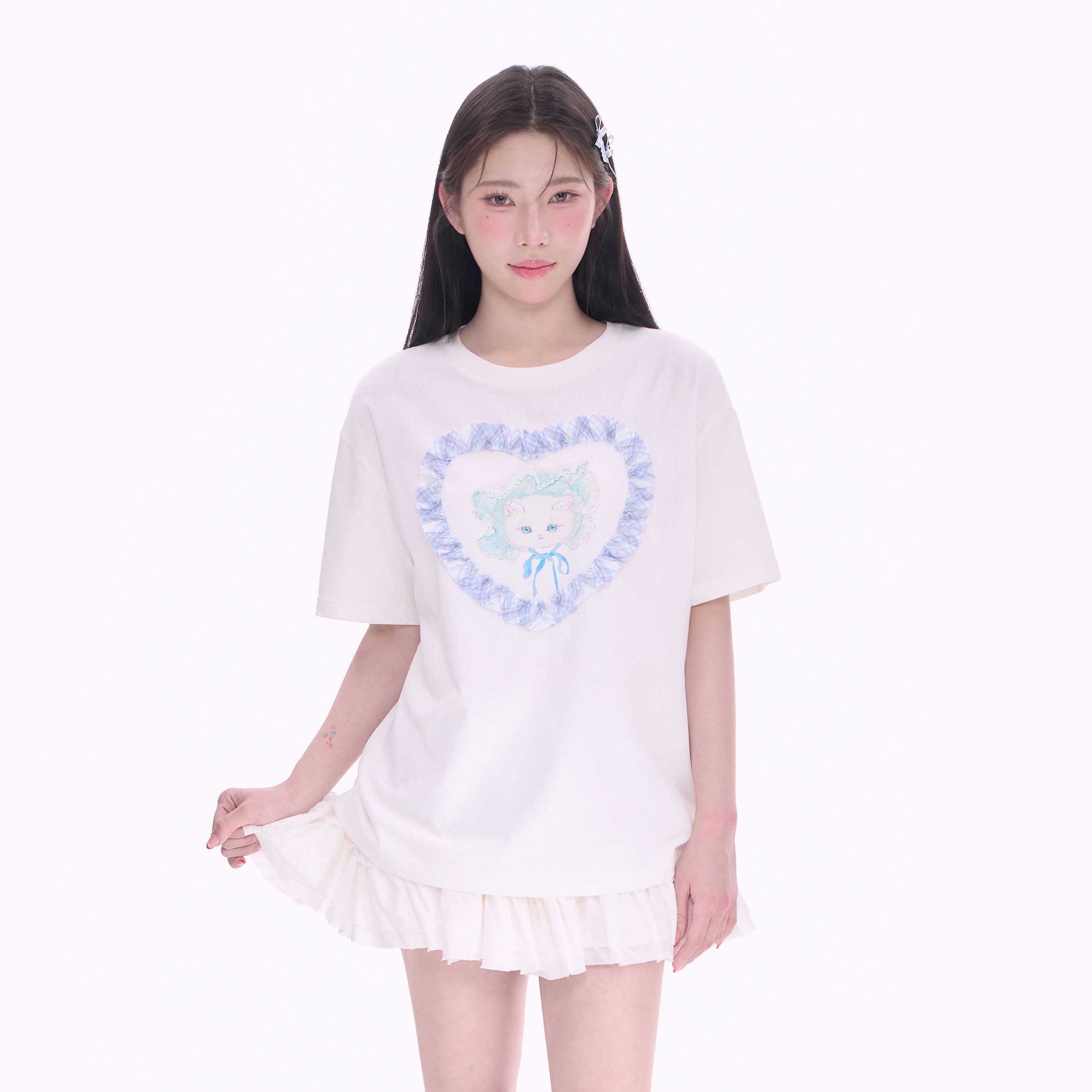 NCXK-小猫印花短袖T恤格子爱心花边甜美清新学院风宽松DX25034