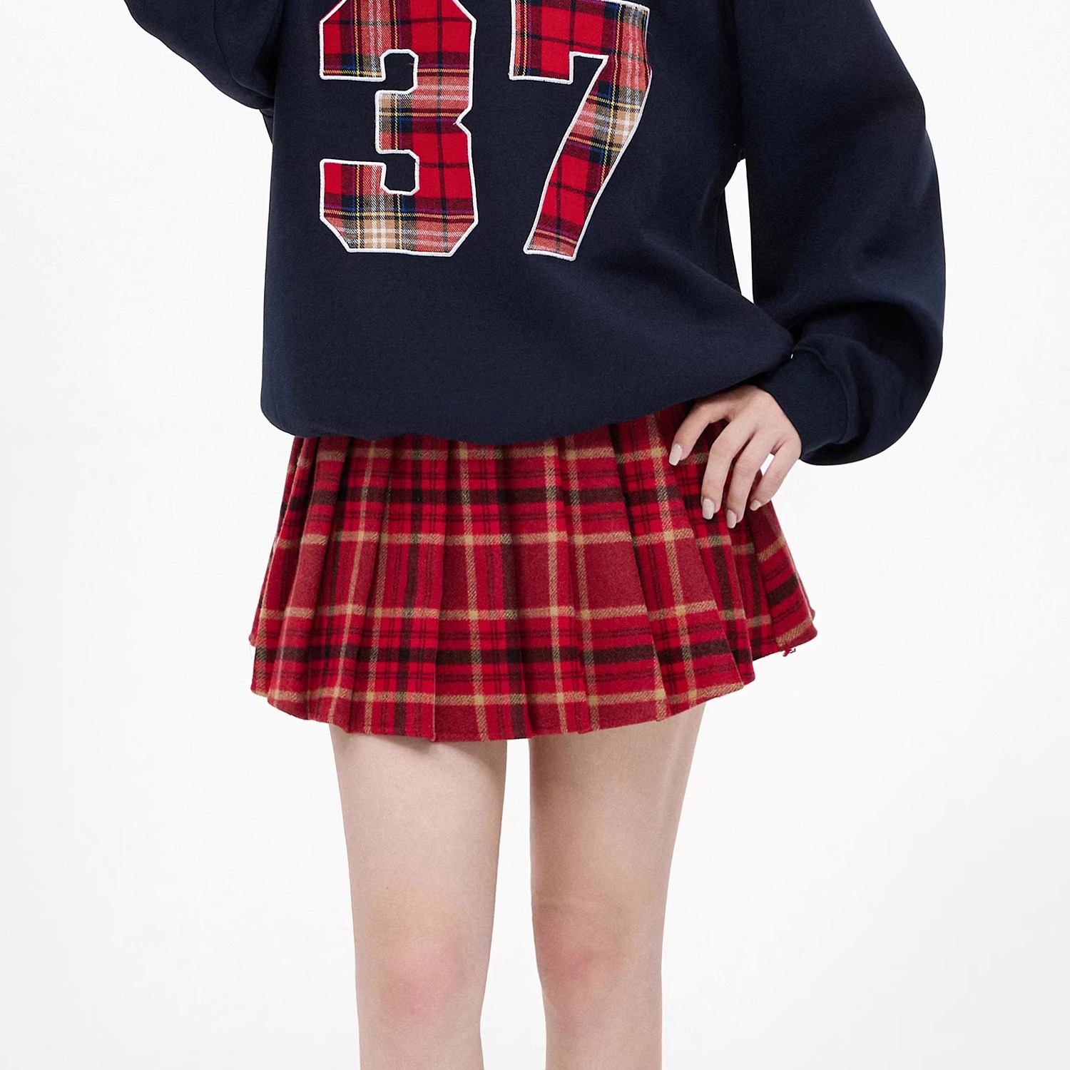 NCXK-复古红色格子百褶裙高腰半身裙短裙学院风防走光裤裙QZ177